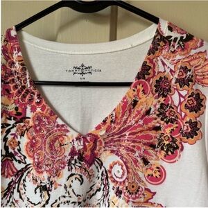 Tommy Hilfiger Women's Floral V-Neck Top - Pink and Orange